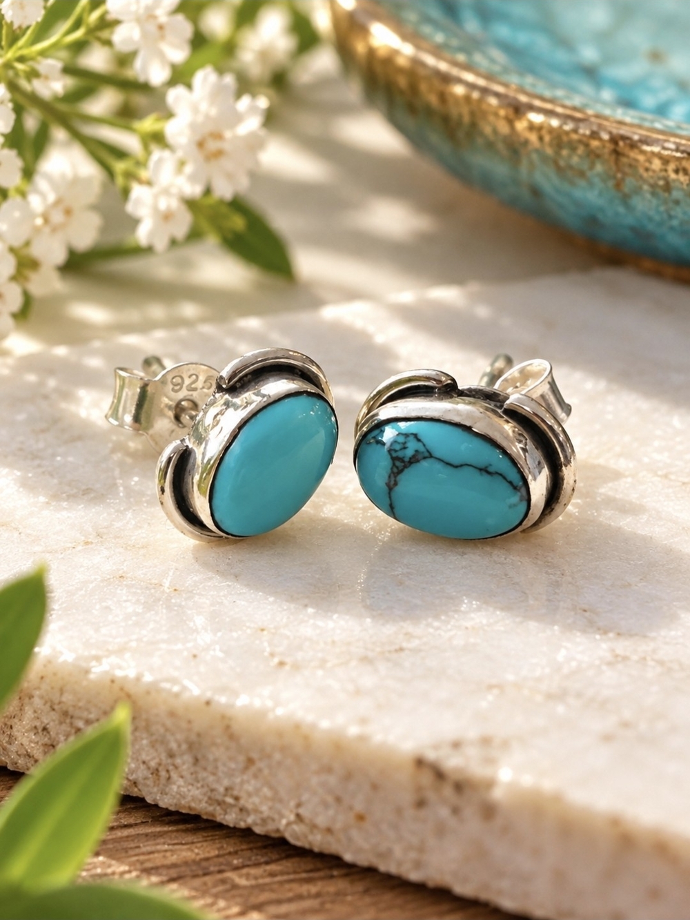 Sterling Silver Authwntic Turquoise Oval Stud Earrings - Blue